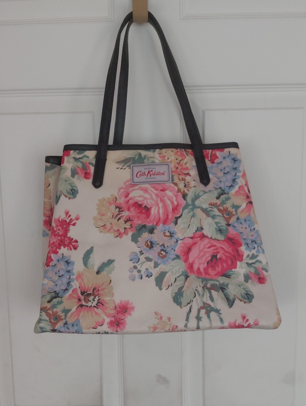 Cath Kidston London Cream Floral Tote with Pink Roses and Blue Blooms 13"x11"